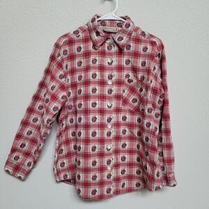 New Direction Plaid Shirt Women Large Long Sleeve Red Tan Blue Mittens Hearts